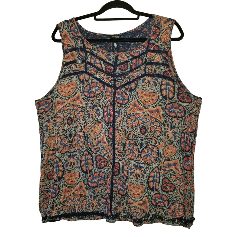 Lucky Brand Tank Blouse Women's 2XL Blue Orange Jersey‎ Knit Top Crochet Accent